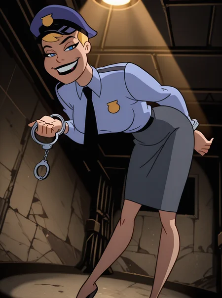 <lora:Harley_Quinn_-_Batman_Animated_Illustrious_v1:0.9>, h4rl3yqu1nn, <lora:dcau234-illu3_r1:0.5>, <lora:RealisticAnimeIXL:0.6>, 1girl, police uniform, police hat, grey skirt, high heels, black necktie, blonde hair, short hair, blue eyes, large breasts, looking at viewer, from below, leaning forward, holding handcuffs, sly smile, teeth, dramatic lighting, spotlight, dutch angle, interior