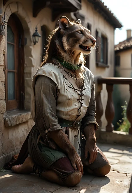score_9, score_8_up, score_7_up, (((Barefoot furry character, full body, cinematic setting, furry male, plantigrade, correct anatomy, perfect hands)))
(((side view))) on a beautiful and detailed (((skaven))), (((templar outfit))), templar knight, black fur rat, green gem necklace, ((1boy, solo, solo focus)), muscular, furry male, burgundy and black fur,body fur, perfect eyes, perfect face, fur, fluffy fur, tuft, detailed fur,, bronze eyes, curvy, covered nipples, Expressiveh, looking at the viewer, seductive smile, half closed eyes, tight clothes, skindentation, ear piercing,cute makeup, BREAK indoor, detailed background, balcony, abs, ((muscular)), white neck fluff, (((nice furry feet paws)))
(((kneeling on one leg))), enslaved by hypnotic spell, green glowing in his eyes, green smoke around neck, green collar formed by magic smoke around neck , open mouth, drooling