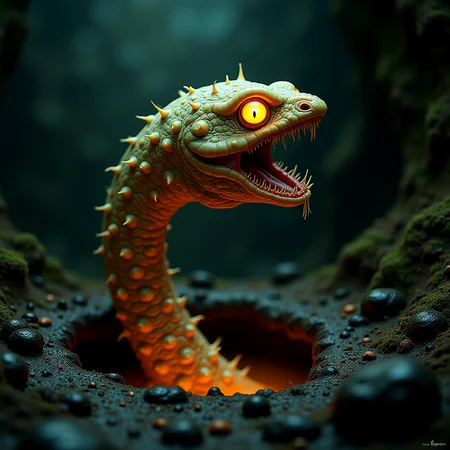 Segmented, luminous, glowing skin, slithering creature, emerging from its slimy hole in the earth.
Dark, atmospheric, moody.
frghtnghtCE style