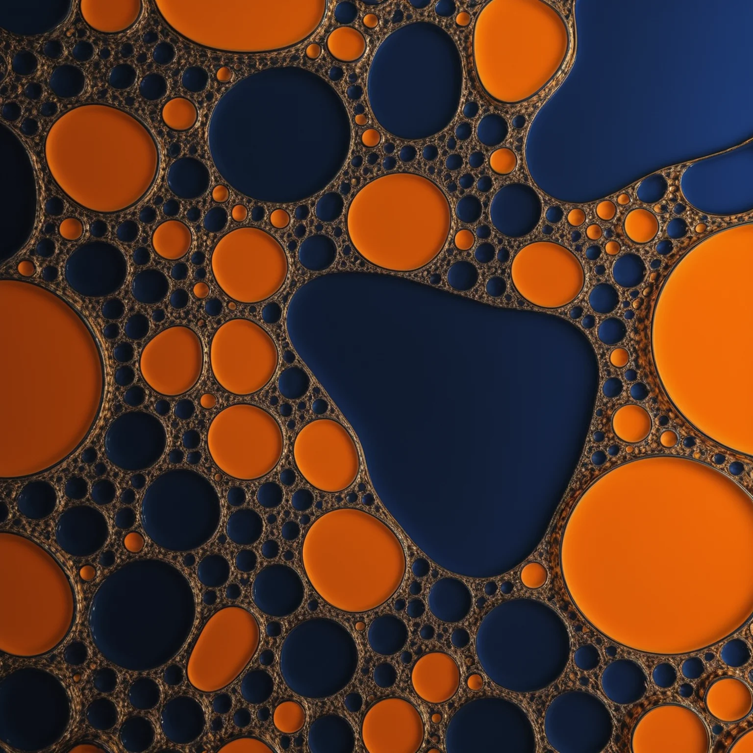 photo, 3d, realistic, (perspective:1), [glossy, reflection:0.2],
no humans, gradient background, cell, fractal, bubble:, liquid background, (dark blue and orange background:1.3)
<lora:Oil_and_Water:0:0.8>
best quality, very aesthetic, absurdres