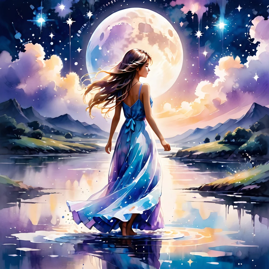 ink splashing,semi realistic, 2d game scene,oil and watercolor painting,
<lora:fantasy_world:1>ï¼upper,body
(masterpiece),(wallpaper), (best quality), (best illuminate, best shadow), (best illustration), dynamic angle,
(+++a girl+++) is walking in front of a delicate and beautiful moon-blue sky, solo, from side,
(Backlight), mid shot, (the beautiful and delicate girl:1.3), beautiful bare back, (detailed face:1.2), (long floating hair:1.2), (beautiful long dress:1.2), floating dress,
the girl (walking) on surface of the water, Beautiful and delicate violet light water surface, reflective water surface,
High saturation blue clouds and (stars sky) in the background, cold color