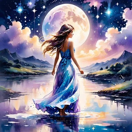 ink splashing,semi realistic, 2d game scene,oil and watercolor painting,
<lora:fantasy_world:1>ï¼upper,body
(masterpiece),(wallpaper), (best quality), (best illuminate, best shadow), (best illustration), dynamic angle,
(+++a girl+++) is walking in front of a delicate and beautiful moon-blue sky, solo, from side,
(Backlight), mid shot, (the beautiful and delicate girl:1.3), beautiful bare back, (detailed face:1.2), (long floating hair:1.2), (beautiful long dress:1.2), floating dress,
the girl (walking) on surface of the water, Beautiful and delicate violet light water surface, reflective water surface,
High saturation blue clouds and (stars sky) in the background, cold color