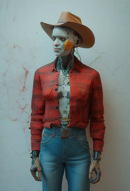 PonyXLV6_Scores, end_tripwire_morph,  made of wires, a neon wire cyberpunk robot cowboy, neon, wires, made of wires, cables, outlined with wires and neon, neon outlines, wire sculpture, neon wire sculpture, cowboy hat, flannel, leather,