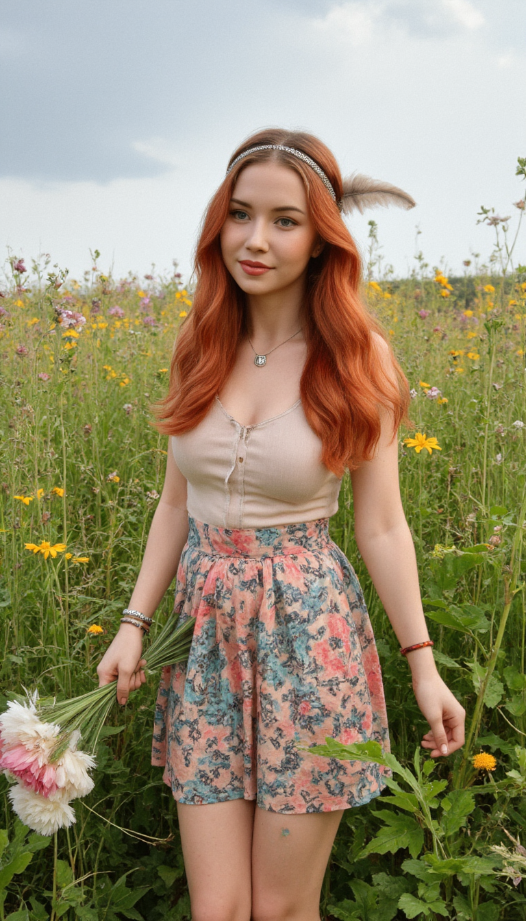 Generate an anime inspired image of a modern hippie girl.

She has long, flowing ruby red hair with A delicate headband adorned with a single, long feather that gracefully trails down her back. The feather is soft and airy, with subtle hints of Cloud Burst Blue shimmering within.. 

She wears a cotton mini skirt with scintillating colors and captivating patterns. 
 She is wearing beaded wristbands. She is wearing a peace sign necklace.

She has bare feet and is walking barefoot through a field of wildflowers and has a bouquet of flowers in her hand

She has realistic skin that is not flawless. She has Watering gold eyes. She has a nostril flared nose. She has a rounded chin. She has a chubby Side Set breasts. She has natural unshaven body hair.  She has not recently showered, her skin may be a little bit dirty. She wears little make-up except for her lip gloss.  She has painted toenails