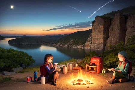 masterpiece, best quality, ultra-detailed, illustration, 1girl, solo, outdoors, camping, night, mountains, nature, stars, moon, bonfire, tent, twin ponytails, green eyes, cheerful, happy, backpack, sleeping bag, camping stove, water bottle, mountain boots, gloves, sweater, hat, flashlight, forest, rocks, river, wood, smoke, shadows, contrast, clear sky, constellations, Milky Way, peaceful, serene, quiet, tranquil, remote, secluded, adventurous, exploration, escape, independence, survival, resourcefulness, challenge, perseverance, stamina, endurance, observation, intuition, adaptability, creativity, imagination, artistry, inspiration, beauty, awe, wonder, gratitude, appreciation, relaxation, enjoyment, rejuvenation, mindfulness, awareness, connection, harmony, balance, texture, detail, realism, depth, perspective, composition, color, light, shadow, reflection, refraction, tone, contrast, foreground, middle ground, background, naturalistic, figurative, representational, impressionistic, expressionistic, abstract, innovative, experimental, unique