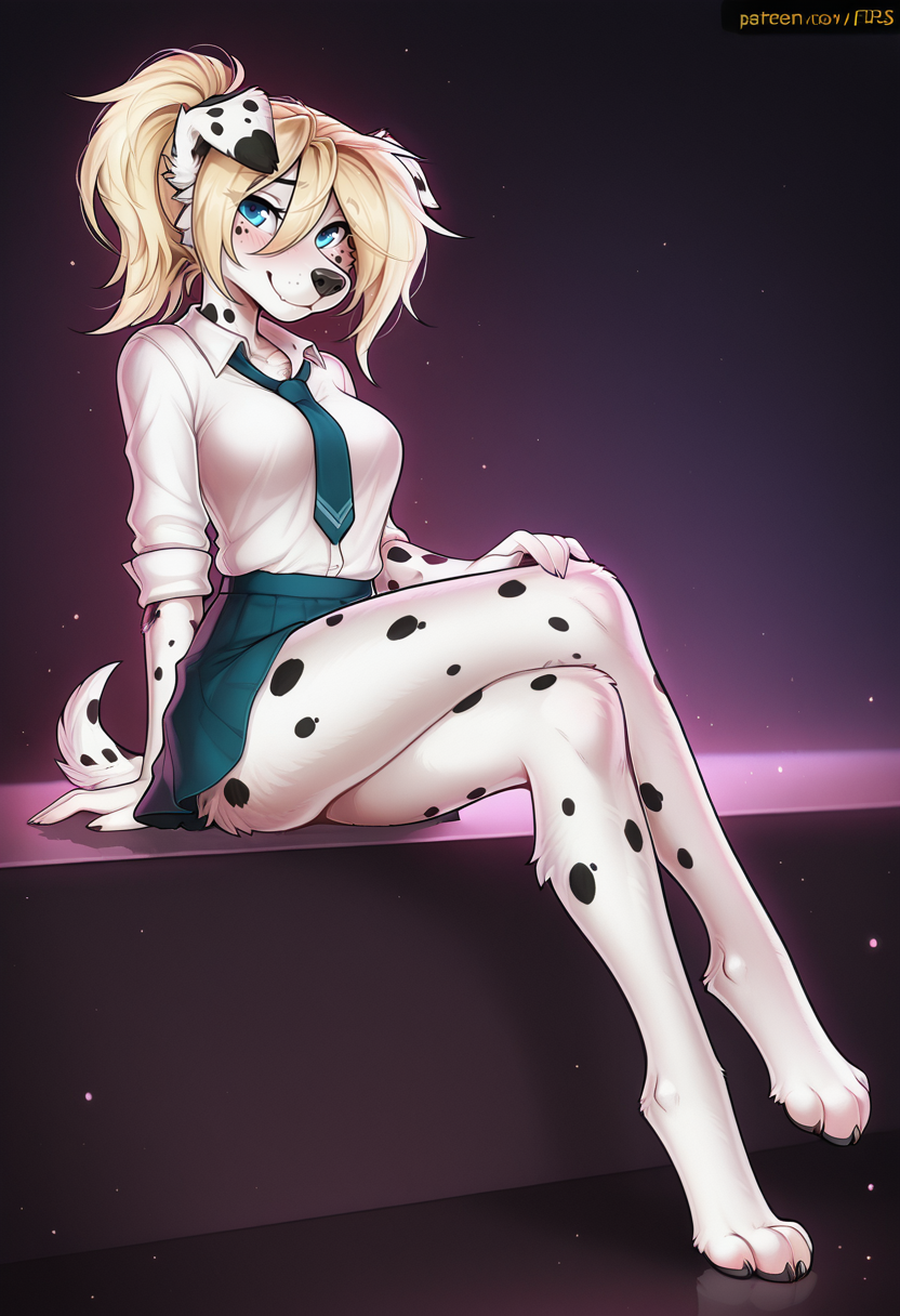 masterpiece,best quality,amazing quality, by f-r95, sfw, solo, sitting, crossed legs, anthro, furry female, blonde hair, ponytail, furry, dog, dalmatian, blue eyes, (long legs:1.3), best legs, perfect legs, elegant, sexy legs, school uniform, mini skirt, medium breasts, posing, looking at viewer, cute, beautiful, looking at viewer, smile, smiling, shy, full body, 8k, detailed, beautiful, elegant, tall, long and beautiful legs <lora:F-R95_style_Illustrious:0.8>