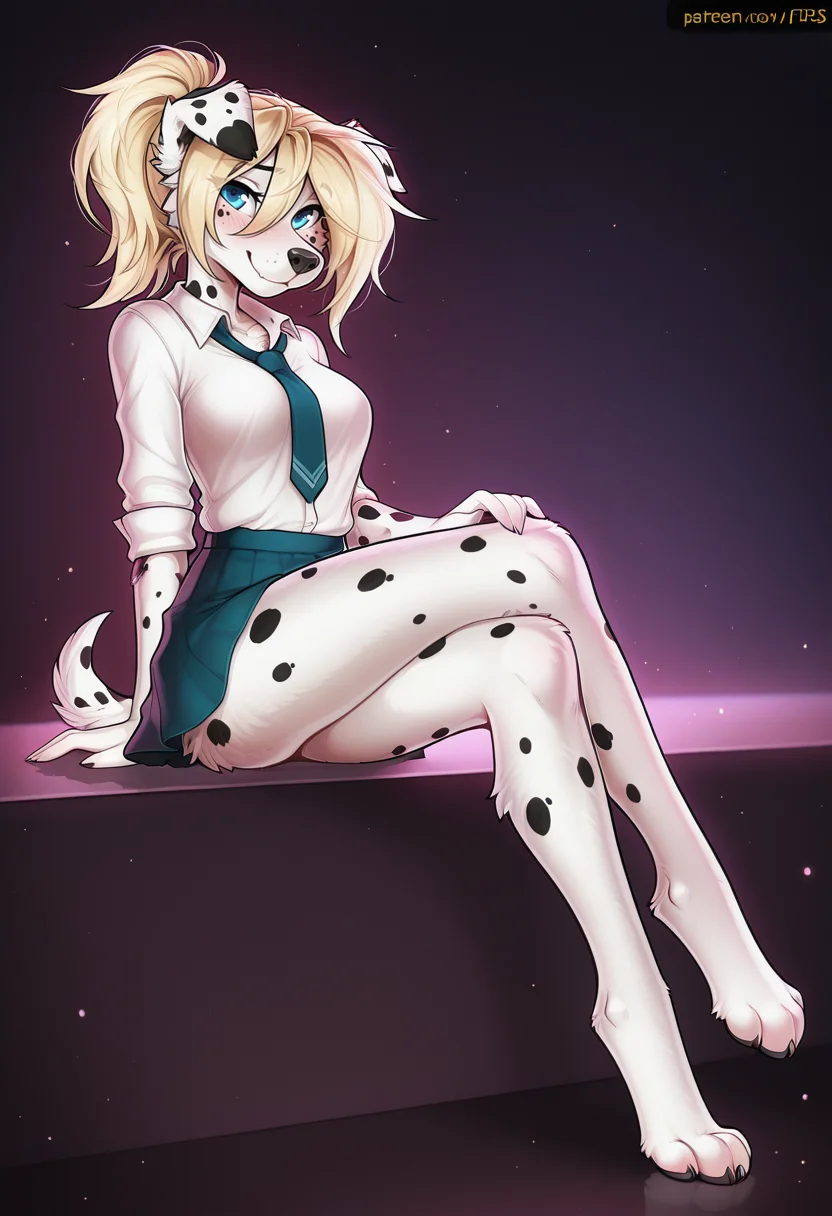 masterpiece,best quality,amazing quality, by f-r95, sfw, solo, sitting, crossed legs, anthro, furry female, blonde hair, ponytail, furry, dog, dalmatian, blue eyes, (long legs:1.3), best legs, perfect legs, elegant, sexy legs, school uniform, mini skirt, medium breasts, posing, looking at viewer, cute, beautiful, looking at viewer, smile, smiling, shy, full body, 8k, detailed, beautiful, elegant, tall, long and beautiful legs <lora:F-R95_style_Illustrious:0.8>