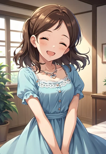 score_9, score_8_up, score_7_up, source_anime,ayase honoka, brown hair, brown eyes, 1girl, dress, closed eyes, solo, smile, jewelry, necklace, blue dress, indoors, short sleeves, open mouth, blush