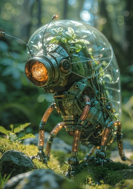 a small insect that is standing in the grass, he transport a terrarium in his back, 3d render beeple, mechanical vegetal cyborg, futuristic robot organisms, steampunk robot ant, steampunk insect, in the art style of filip hodas, cyber steampunk 8 k 3 d, beeple. octane render, 3 d render stylized