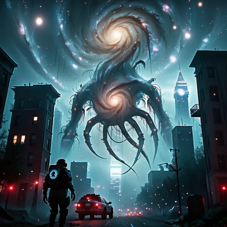 Create a dark, urban scene combining elements of SCP and Cloverfield backgrounds, with a touch of Lovecraftian horror and modern technology. The setting is a cityscape at night, with ominous buildings, eerie streetlights, advanced technology like drones and holographic ads, and subtle monstrous details <lora:aidmaOnceHuman-V0.1:0.85>  , <lora:Spiral_Galaxies_SDXL:0.8> mad-spiral-galaxy <lora:EdobHorrorLandscape_XL_v1.0:0.7> EdobHorrorLandscape