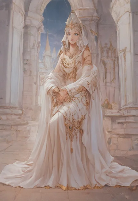 score_9, score_8_up, score_7_up, perfecteyes, grey-blue eyes,pillow night, woman,full body ,gold jewellery, castle,dress fluff, A shawl around my shoulders, baroque
