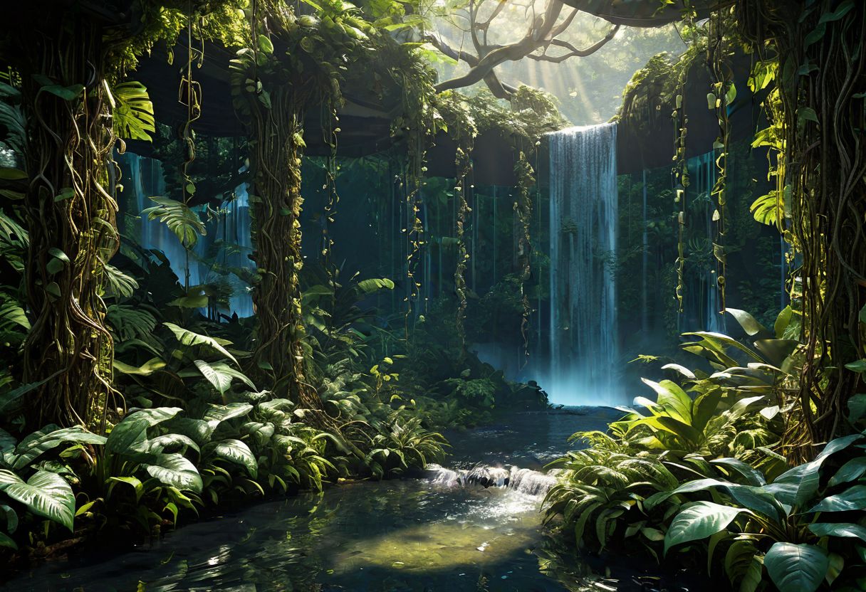 lush rainforest, sentient trees, living structures, intertwined vines, bioluminescent flora, cascading waterfalls, dappled sunlight, mystical atmosphere, hyperrealistic detail