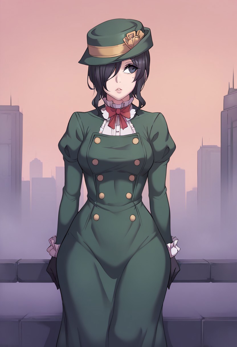 score_9, score_8_up, score_8, anime style, source_anime,<lora:PulenKompot-Metal_Owl Style-PonyXL:1>,metal-owl,<lora:PulenKompot-Metal_Owl Style-PonyXL:1> metal-owl,metal owl,source_anime, 1girl, cowboy shot, expressionless, looking away, arm hug, <lora:zs_MayoneXL:1> mayonesh, hat, black hair, medium hair, hair over one eye, makeup, lipstick, green dress, puffy sleeves, black gloves, outdoors, city, gloomy, sky, fog,detailed face features,perfect detailed eyes,beautiful eyes,upper body, narrow hips, hip dip, big ass, voluptuous, slutty,slimbody,tiny waist,(bubble butt:1.2), parted lips,thighhighs,large hips,thighs,black eyes,long skirt,upskirt,front view,garter straps,black lingerie
