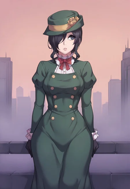 score_9, score_8_up, score_8, anime style, source_anime,<lora:PulenKompot-Metal_Owl Style-PonyXL:1>,metal-owl,<lora:PulenKompot-Metal_Owl Style-PonyXL:1> metal-owl,metal owl,source_anime, 1girl, cowboy shot, expressionless, looking away, arm hug, <lora:zs_MayoneXL:1> mayonesh, hat, black hair, medium hair, hair over one eye, makeup, lipstick, green dress, puffy sleeves, black gloves, outdoors, city, gloomy, sky, fog,detailed face features,perfect detailed eyes,beautiful eyes,upper body, narrow hips, hip dip, big ass, voluptuous, slutty,slimbody,tiny waist,(bubble butt:1.2), parted lips,thighhighs,large hips,thighs,black eyes,long skirt,upskirt,front view,garter straps,black lingerie