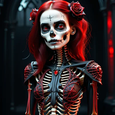 intricate photo of a skeleton girl, vampire clothing, cyberpunk style, gothic art, red and black colors
