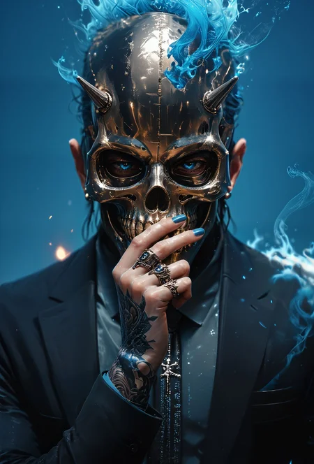 (score_9, score_8_up), score_7_up, 1boy, Highly detailed RAW color Photo, shirt, long sleeves, jewelry, jacket, upper body, earrings, necktie, collared shirt, hand up, necklace, black jacket, gradient, black nail polish, gradient background, tattoo, glowing, formal, ring, suit, cross, mask, skull mask, spikes, black suit, metallic texture, blue theme, blue fire, multiple rings, hand tattoo, simple background, dark blue background, blue theme, gorgeous details, depth perception, backlighting, photorealistic, breathtaking scenery, perfectly rendered reflections, detailed clothing,
dark lighting, dof, depth of field, realistic, dark background, CINE, blue embers, low-key,
<lora:unholy-000009:0.8> <lora:CINE-000008:0.4>
<lora:sinfully_stylish_SDKL:0.5> <lora:xl_more_art-full_v1:0.4> <lora:zavy-cntrst-sdxl:0.7> <lora:Gas_mask-000009:0.4><lora:hand 4:0.5>