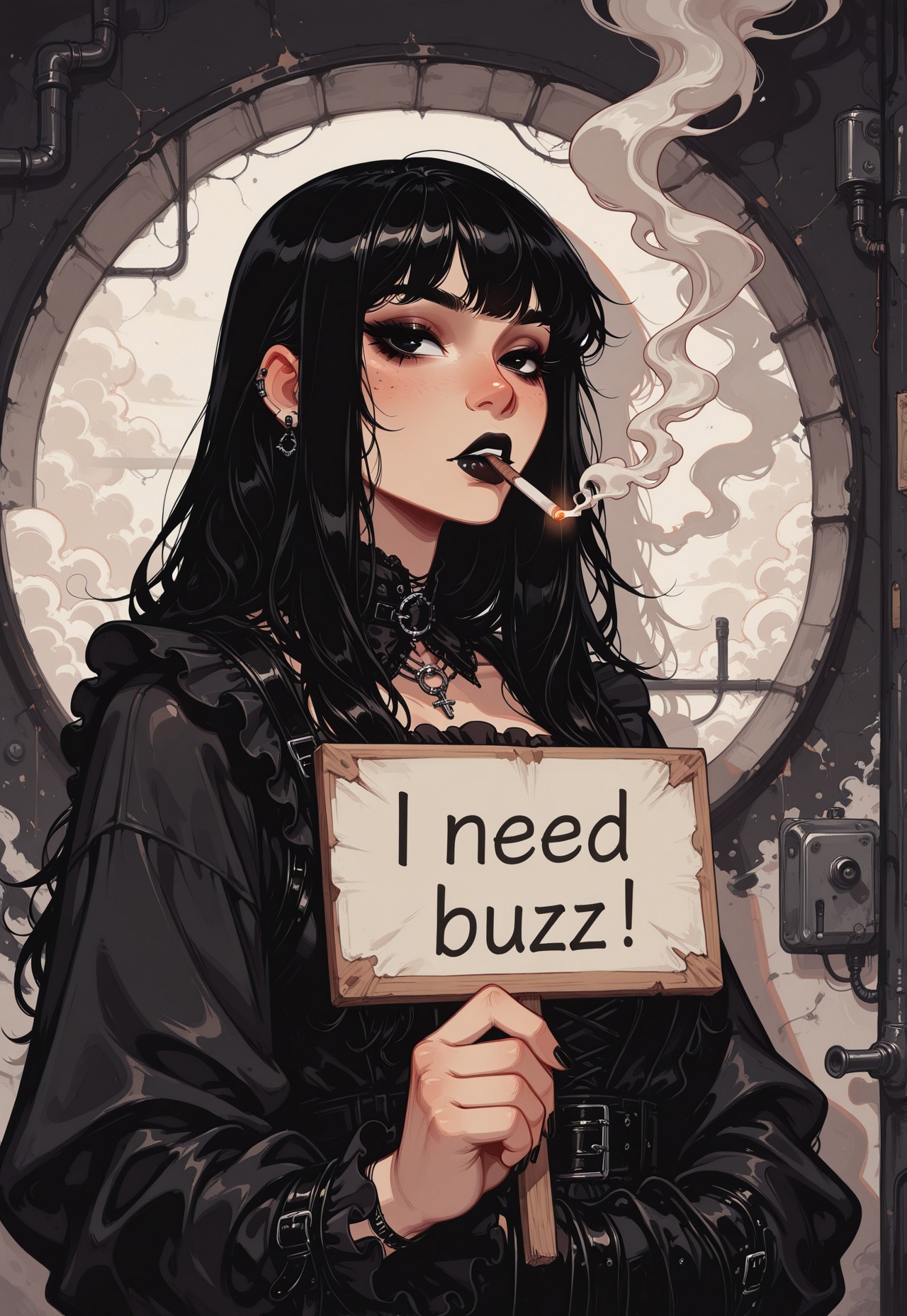 score_9, score_8_up, score_7_up, masterpiece, best quality, very aesthetic, detailed face, (dynamic:1.1), incoth, (incase:0.6), 1girl, black hair, long hair, black eyes, asian, goth, smoking, cigarette, light, smoke, curvy, upper body, (illustrative background, art illustration:1.1), keycolor, vibrant, need_buzz, holding sign