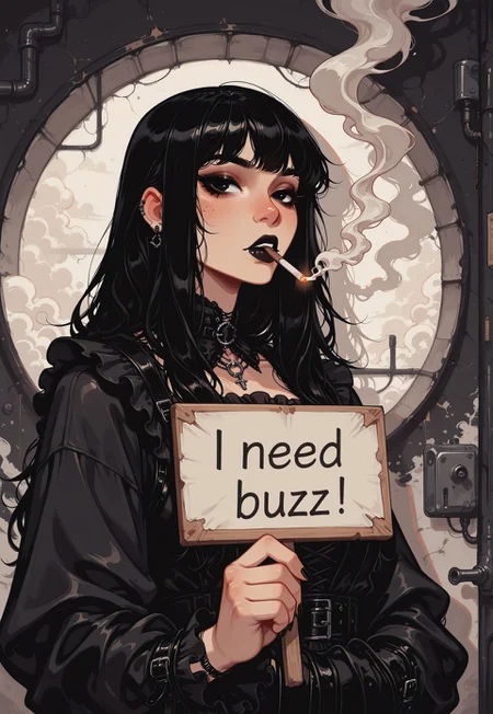 score_9, score_8_up, score_7_up, masterpiece, best quality, very aesthetic, detailed face, (dynamic:1.1), incoth, (incase:0.6), 1girl, black hair, long hair, black eyes, asian, goth, smoking, cigarette, light, smoke, curvy, upper body, (illustrative background, art illustration:1.1), keycolor, vibrant, need_buzz, holding sign