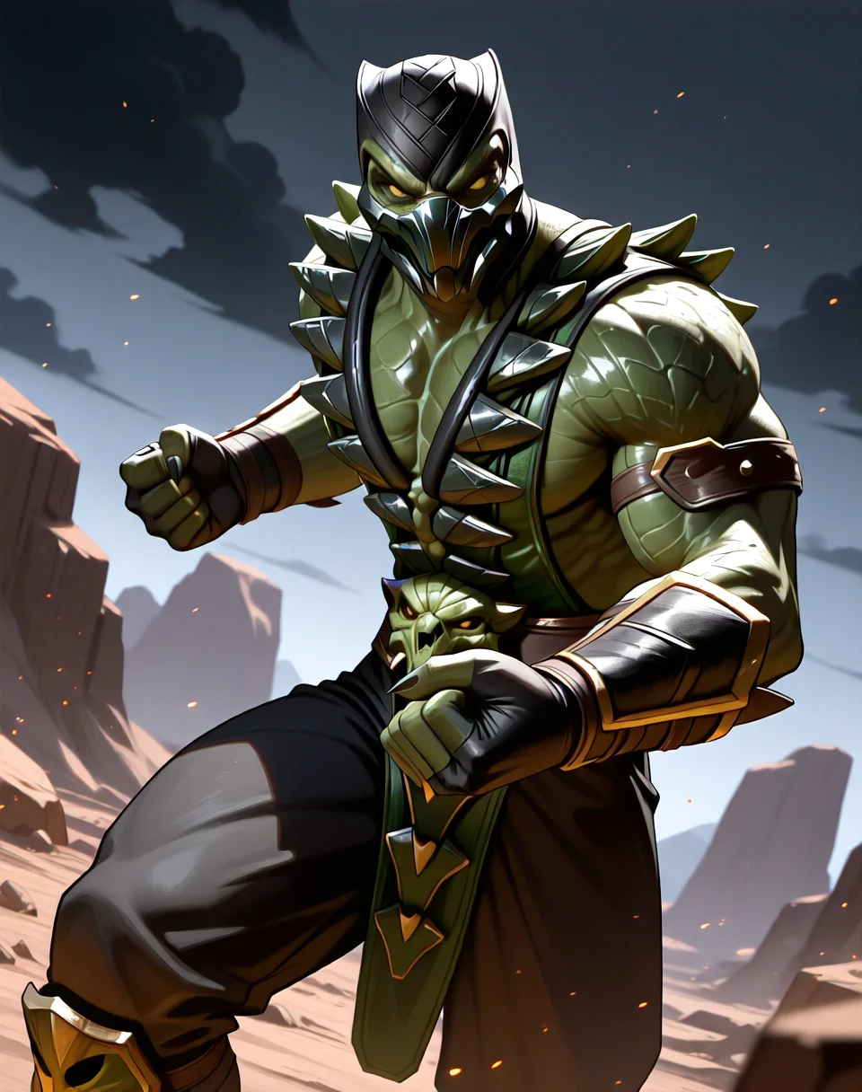<lora:Reptile_X_(Mortal_Kombat)_(Illustrious)_(AD):1> Reptile_MK, muscular, Mortal Kombat,
dutch angle, exterior, monumental architecture, wasteland, dark night sky with black clouds,
male focus, gradient coloring, villain, intimidating, fierce, punch,
BREAK very awe, aesthetically pleasing, masterpiece, best quality, amazing quality, very aesthetic, perfect depth of field shot, in'ei, source_furry, furry_art,
Smooth Quality, lazympos, IllustQualXL_Pos,
