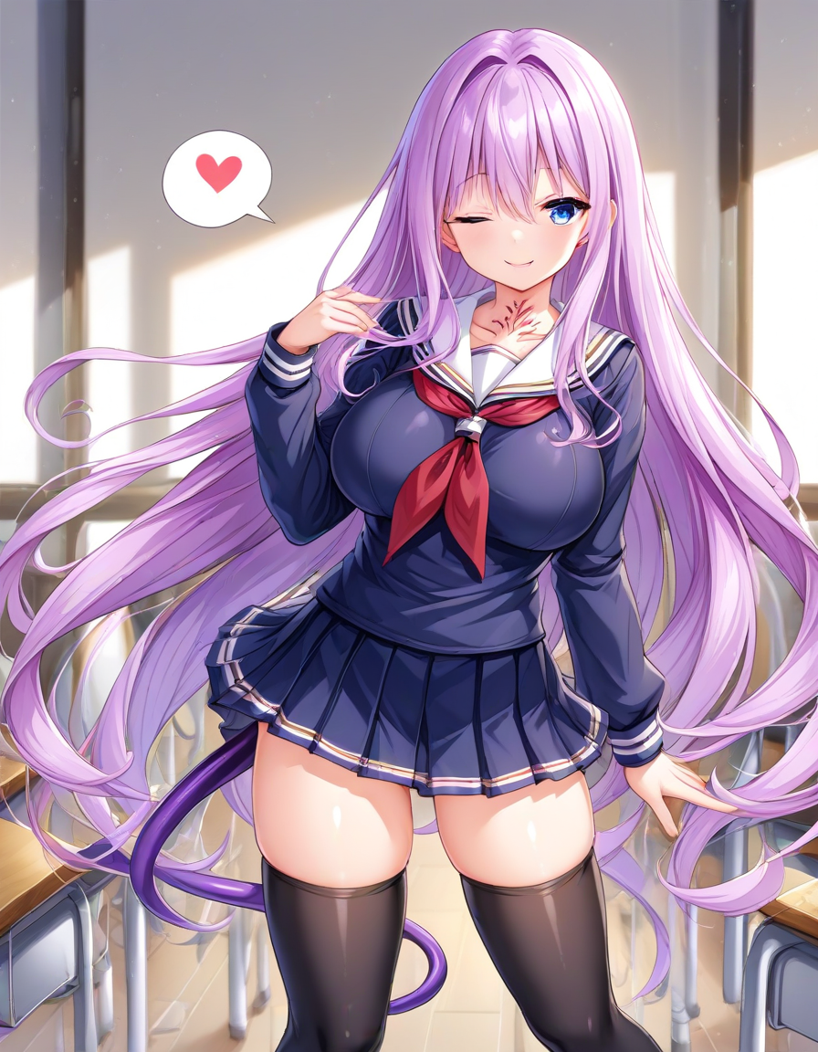 <lora:sdxl_lightning_8step_lora:1>, score_9, score_8_up, score_7_up, source_anime,<lora:luxiel-01:0.9>, 1girl, luxiel, pink hair, very long hair, straight hair, blue eyes, purple hair, , tattoo, neck tattoo, black thighhighs, thighhighs,straight hair, tail, ,large breasts, ,classroom,,,serafuku,(navy serafuku:1.3),red neckerchief, navy sailor collar, navy skirt,navy school uniform,,skirt ,mini skirt, pleated skirt, <lora:exstia_siori_v1:1>,navy shirt,(navy sweater:1.2),long sleeves, <lora:sdxl-eye-hanme_01:1>,evil smile,standing,half eye closed,arms behind,,spoken question mark, <lora:hair-longbangs:1>