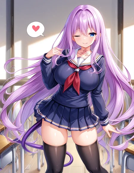 <lora:sdxl_lightning_8step_lora:1>, score_9, score_8_up, score_7_up, source_anime,<lora:luxiel-01:0.9>, 1girl, luxiel, pink hair, very long hair, straight hair, blue eyes, purple hair, , tattoo, neck tattoo, black thighhighs, thighhighs,straight hair, tail, ,large breasts, ,classroom,,,serafuku,(navy serafuku:1.3),red neckerchief, navy sailor collar, navy skirt,navy school uniform,,skirt ,mini skirt, pleated skirt, <lora:exstia_siori_v1:1>,navy shirt,(navy sweater:1.2),long sleeves, <lora:sdxl-eye-hanme_01:1>,evil smile,standing,half eye closed,arms behind,,spoken question mark, <lora:hair-longbangs:1>