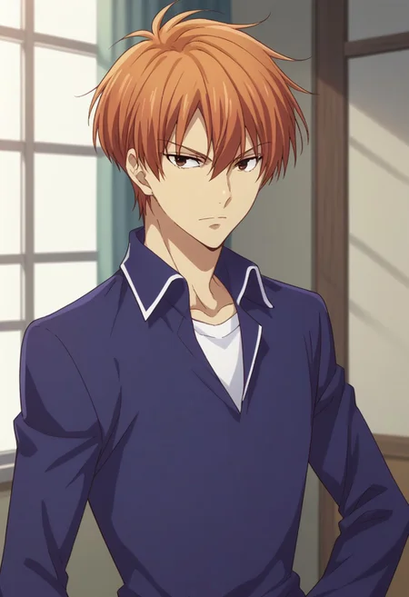 score_8_up, score_7_up, source_anime, highly detailed,
kyosohma, 1boy, male focus, solo, school uniform, purple uniform, orange hair, upper body, hand on hip, brown eyes,
indoor, japanese