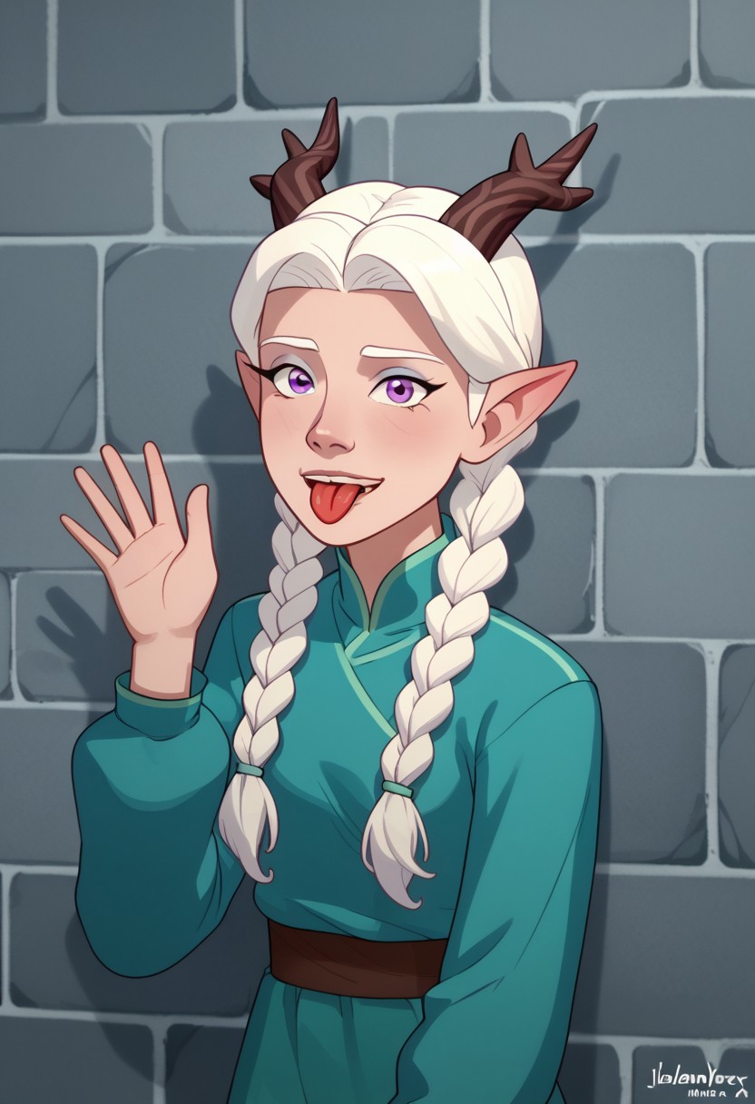 score_9, score_8, score_7, score_6,
triplevexx, solo, ((Lujanne)), Elf, Moonelf, Horns, Long Twin Braids, White Hair, looking at viewer, leaning against marble wall, sticking tongue out, purple eyes,