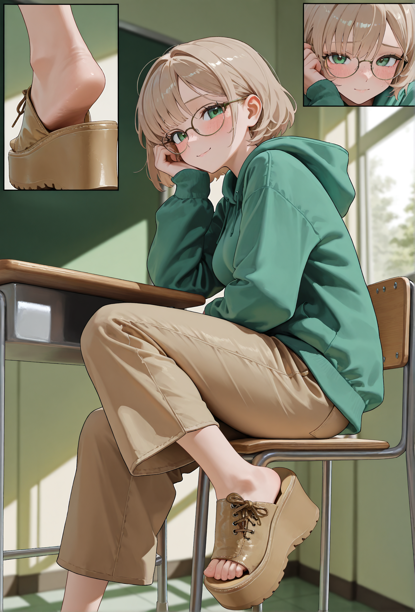 masterpiece, best quality, amazing quality, very aesthetic, high resolution, ultra-detailed, absurdres, newest, scenery, dramatic shadow, volumetric lighting,
multiple views, close-up inset, 
foot focus, perfect feet, 
(1gu4n4 sandals), (platform footwear), light brown footwear,
1girl, 
classroom, sitting in chair, desk,
green theme,
from side,
loose clothing, green hoodie, loose pants, brown capri pants, glasses,
blushing, looking at viewer, flirting, shy,
cute face, perfect face, freckles,
medium breasts,
light brown hair, short hair,