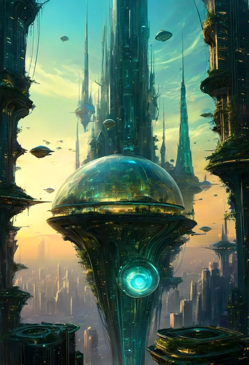 (by Ellen Jewett:1.5), (Bioluminescent Impressionism : 0.5), , the dreamland, Masterpiece, best quality, UHD, 16k, high res, high detailed, 
a utopian city of the future, skyscrapers stretch upward, multi-level roads weave a web around the city, a spaceship takes off in the sky, its skin shining, a view from the streets, style by Greg Rutkowski
epic, dynamic colors,