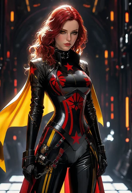 gothic girl, wearing black battle bodysuit, 
(star wars inquisitor, bdsm, collar cyberpunk Samurai jacket:1.7), (full body female, red yellow:1.4), (Large linen cape), (bdsm harness, tight firm breasts:1.2), (full body, shinny, wavy hair:1.2), 
(Masterpiece, intricate lines, surrounded by a detailed spacescape with translucent dark-amber,  intriguing atmosphere, sharp magnificent details, delicate features, elaborate details, dark dreams, whimsical charm, ethereal glow, freckles, tack sharp:1.3)