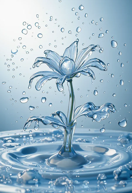 digitally created image that depicts an intricate and dynamic scene of water droplets forming into the shape of a flower. The main subject is a stylized, almost surrealistic, flower with elongated petals that are transparent and appear to be made of water itself. The flower is positioned centrally in the image, with its stem emerging from the water at the bottom center. The water droplets are frozen in mid-air, capturing the moment of transformation from liquid to solid. The petals are curved and slightly twisted, giving a sense of movement and life.,
Surrounding the flower, there are numerous small droplets of water, some still suspended in the air, creating a sense of motion and energy. The background is a gradient of light blue to white, which enhances the clarity and transparency of the water and the flower. The texture of the water is smooth and reflective, with a slight sheen that adds to the realism of the image. The overall composition is symmetrical, with the flower and its droplets forming a central focal point, and the surrounding water droplets creating a sense of depth and movement. The image has a clean, modern aesthetic, emphasizing the beauty and fluidity of water., <lora:diffusion_pytorch_model:1>, <lora:aidmaMJ6.1_v0.5_3:0.7>, aidmaMJ6.1, <lora:merged_lora:1>, ultra quality, ultra detailed, intricate details