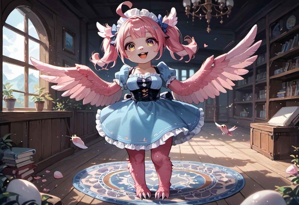 best resolution,score_9,score_8_up,score_7_up,score_6_up,score_8,score_7,score_6,best quality,masterpiece,source_anime,fantasy,beach background,1girl,solo,kawaii,cute,chibi,1girl, winged arms,pink harpy,medium breasts, blue dress, (indoors:1.3), castle,expressiveh,happy,smile,detailed eyes, inflating wings,glossy wings,