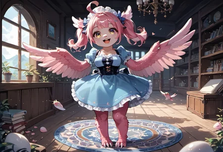 best resolution,score_9,score_8_up,score_7_up,score_6_up,score_8,score_7,score_6,best quality,masterpiece,source_anime,fantasy,beach background,1girl,solo,kawaii,cute,chibi,1girl, winged arms,pink harpy,medium breasts, blue dress, (indoors:1.3), castle,expressiveh,happy,smile,detailed eyes, inflating wings,glossy wings,