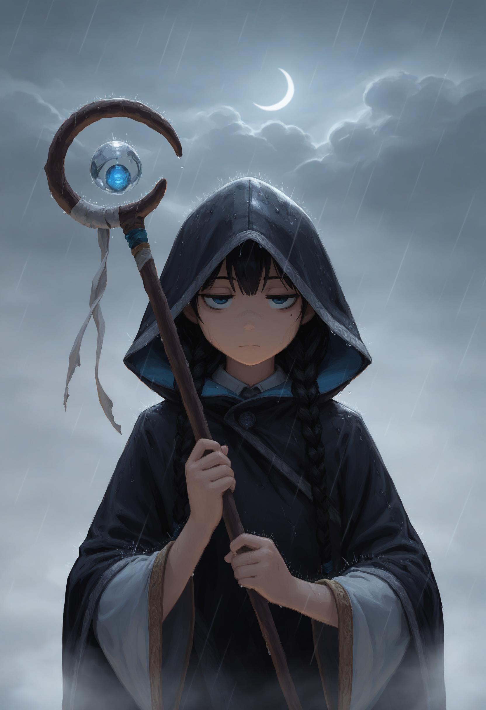 masterpiece, best quality, amazing quality, very aesthetic, high resolution, very awa, 
1girl, face focus, twin braids, jitome, cloud, crescent moon, fog, holding mage staff, rain, hood up, cloak, [(realistic:0.5)::0.2],
, <lora:NOOB_EPSv1_1_detailer_by_vlnvk_v1_0:1>
, <lora:spo_sdxl_10ep_4k-data_lora_webui:.5>
,    <lora:klskx_wai:.8> klskx