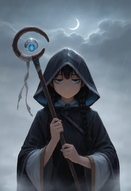 masterpiece, best quality, amazing quality, very aesthetic, high resolution, very awa, 
1girl, face focus, twin braids, jitome, cloud, crescent moon, fog, holding mage staff, rain, hood up, cloak, [(realistic:0.5)::0.2],
, <lora:NOOB_EPSv1_1_detailer_by_vlnvk_v1_0:1>
, <lora:spo_sdxl_10ep_4k-data_lora_webui:.5>
,    <lora:klskx_wai:.8> klskx
