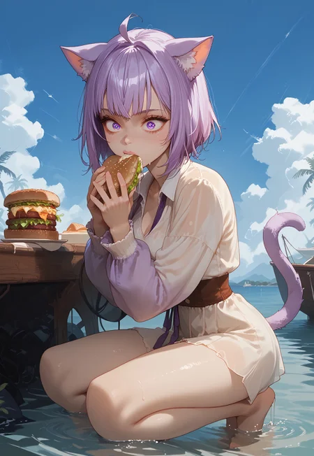 score_9, score_8_up, score_7_up, c3l3st3n01r, CelesteNoir, source_anime, zPDXL3, 1girl, solo, ((wide-eyed, wide eyes, hungry eyes:1.2), open mouth, eating a sandwich, sandwich in mouth, hololive), okayuBase, short hair, purple eyes, purple hair, cat ears, cat tail, ahoge, skindentation, one foot up, barefoot, smooth image, cute, petite, slim, skinny, slender, soft lights, leaning on one knee, soft shadows, shiny skin, thin waist, Expressiveh, side view, (dripping wet, crystal clear water, partially submerged:1.1), cat paw flag in background, pirate ship with cat paw flag in background, tropical island,