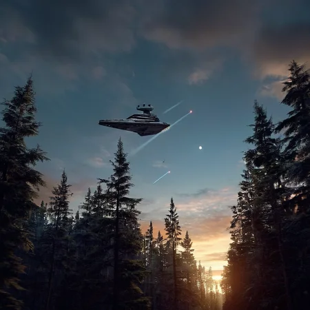 cinematic film still of <lora:star wars style v2:0.8>
<lora:detailed:0.4> detailed
<lora:perfection style:0.4> perfect
<lora:PerfectEyesXL:0.5>
<lora:Chiaroscuro Lighting Style:0.3>
In Star Wars Fictional universe Endor a plane flying over a forest at night,in star wars style,outdoors,sky,cloud,tree,no humans,night,moon,star (sky),nature,scenery,forest,sunset,mountain,sun,landscape,spacecraft , cinematic, film, detailed background, motion picture style, different style, different people, space opera, realistic, sci fi style, cinematic light, dramatic light, perfect color, perfect scene, star wars style, shallow depth of field, vignette, highly detailed, high budget, bokeh, cinemascope, moody, epic, gorgeous, film grain, grainy