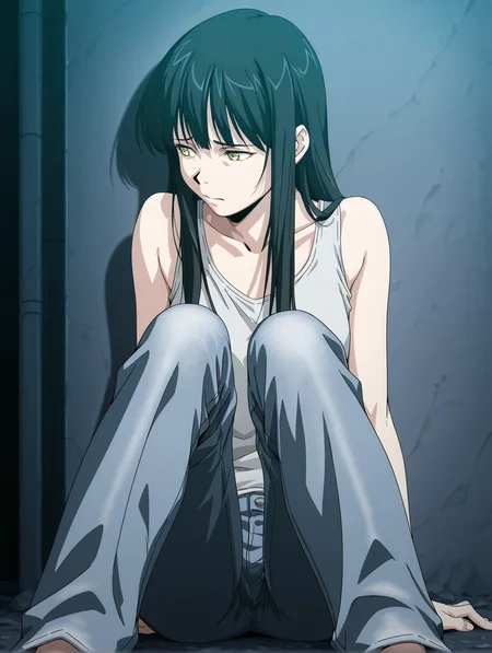 <lora:interlude-v2:0.8> w47sug1, 1girl, bare shoulders, sitting, tank top, jeans, feet out of frame, looking to the side, worried, on ground, hiding