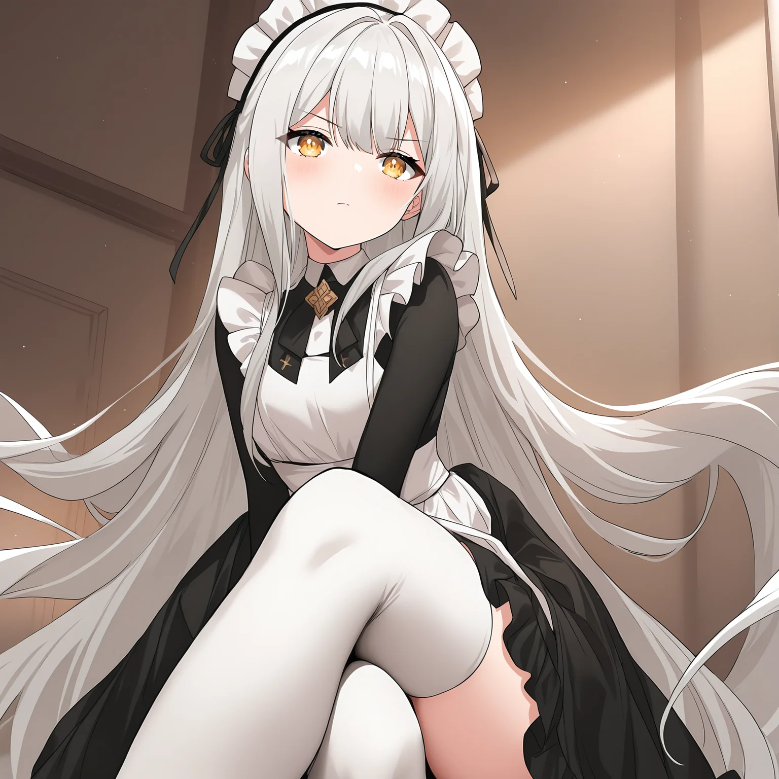 masterpiece,best quality,newest,absurdres,highres,<lora:noobai_ep11_stabilizer_v0.138_fp16:1>,my_knight,<lora:my_knight_v1:0.8>,white hair,very long hair,petite,crossed legs,maid uniform,