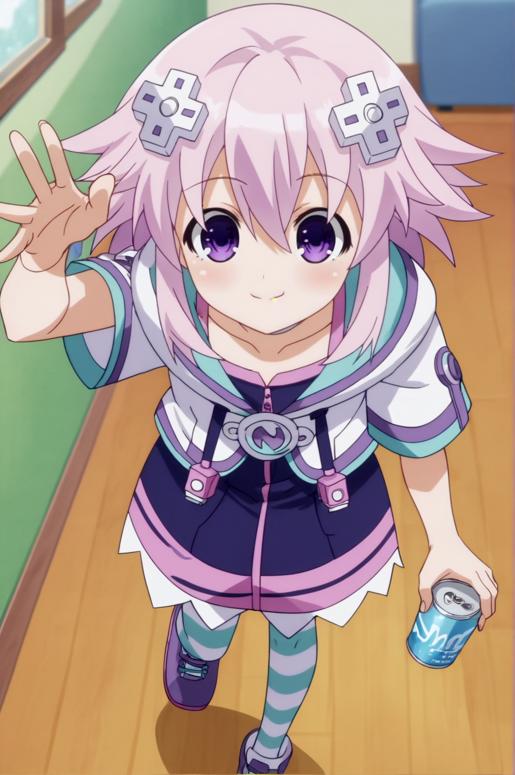 score_9, score_8_up, score_7_up,anime_source, source_anime, best background, detailed background, anime screencap,  Neptune, Main Outfit, indoors, blush, indoors, happy, dynamic angle, dynamic pose, drinking, can, from above, <lora:JN_Neptune:0.8>