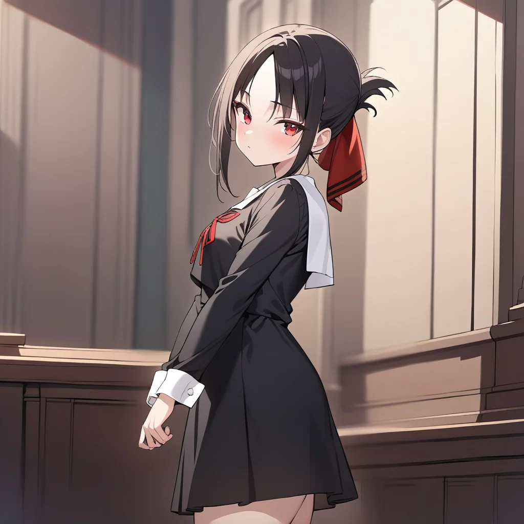 masterpiece, best quality, 1girl, kaguya, <lora:kaguyaSDXL:0.8>, school uniform, black dress, black skirt, red ribbon, long sleeve, looking at viewer, standing, parted bangs, cowboy shot, from side