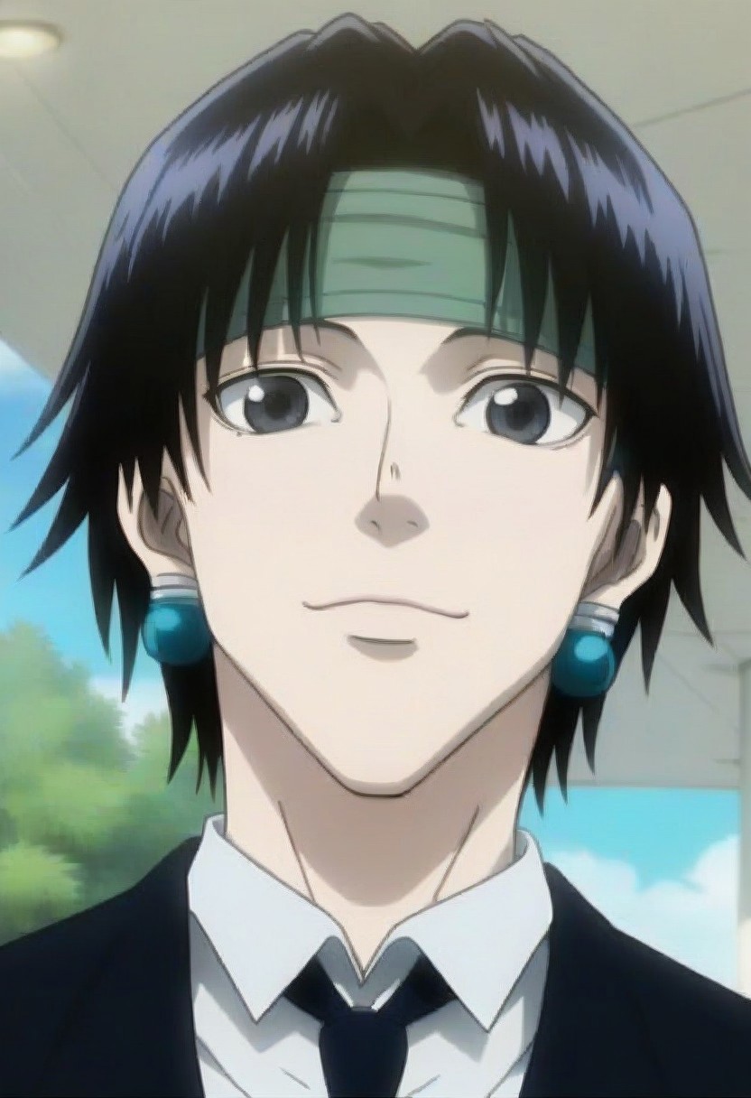((masterpiece)), ((best quality)), ((ultra-detailed)), ((absurdres)), score_9_up, score_8_up, score_7_up,
HD, top quality, best quality, amazing quality, High-quality illustrations, anime screencap, source_anime, best aesthetic, perfect proportions, perfect eyes, 1boy, 1male, solo boy, solo male, male focus, Anime, boy, male anime character, anime boy, handsome, attractive, cute, charming, sexy, hot, ((tall, tall height, tall body)), ((lean body, slim body)), Chrollo Lucilfer, black hair, gray eyes, blue-green earrings, green forehead headband, black blazer, black necktie, black pants, cowboy shot, head to feet shot, smiling, happy