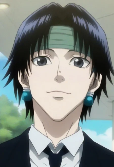 ((masterpiece)), ((best quality)), ((ultra-detailed)), ((absurdres)), score_9_up, score_8_up, score_7_up,
HD, top quality, best quality, amazing quality, High-quality illustrations, anime screencap, source_anime, best aesthetic, perfect proportions, perfect eyes, 1boy, 1male, solo boy, solo male, male focus, Anime, boy, male anime character, anime boy, handsome, attractive, cute, charming, sexy, hot, ((tall, tall height, tall body)), ((lean body, slim body)), Chrollo Lucilfer, black hair, gray eyes, blue-green earrings, green forehead headband, black blazer, black necktie, black pants, cowboy shot, head to feet shot, smiling, happy