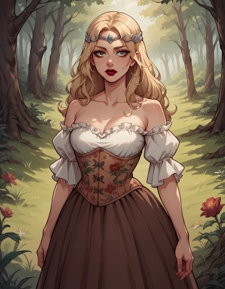 score_9, score_8_up, score_7_up, score_6_up, score_5_up, score_4_up, source_anime, 1girl, long blonde hair, makeup, red lipstick, hud_forest_fairy_dress, white and brown dress, puffy sleeves, floral corset, silver circlet, bare shoulders, <lora:forestfairyxlp_epoch_8:0.6>,