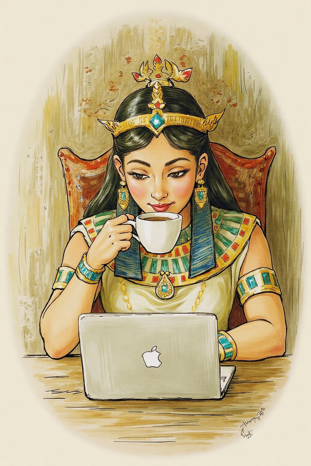 beatrixpotter1 illustration.
Egyptian Queen Cleopatra working on her laptop while drinking coffee. <lora:beatrixpotter1_d8a4:1.0><lora:866994093408943770:0>