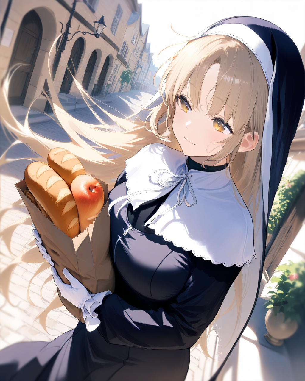 1girl,
SisterClaireNijisanji,
safe, dutch angle, from above, upper body,
nun, light smile,
breasts, white gloves, holding, paper bag, bread, wine, fruit,
walking,
soft lighting, median, town, wind,
depth of field,
<lora:kp_SisterClaireNijisanji1stCostumeAnimagineXL_v1_1:1.0>,
masterpiece, high score, great score, absurdres