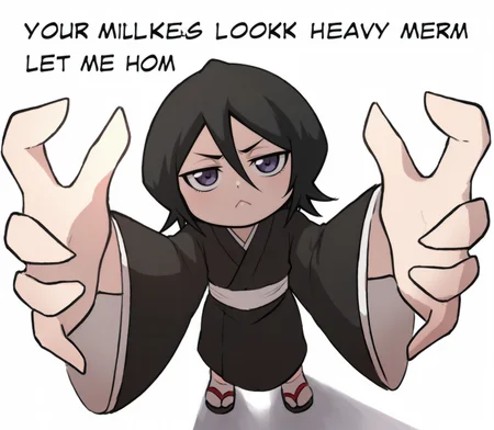 (masterpiece, amazing quality, best quality),
1girl, kuchiki rukia, 1girl, kuchiki rukia, black hair, short hair,
purple eyes, frown, v-shaped eyebrows, :<, half-closed eyes, angry,
black kimono, wide sleeves, sandals, tabi, flat chest,
<lora:YOUR_MILKERS_LOOK_HEAVY:1>, 1girl, pov, from above, reaching towards viewer, hands towards viewer, big hands, chibi, deadpan, neutral face, requesting, text, english text,