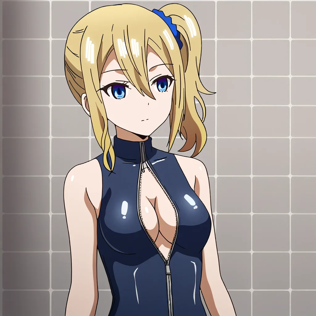 <lora:hayasakaai_pony_v1:0.79> Hayasaka, 1girl, solo, blue scrunchie, blonde hair, hair scrunchie, blue eyes, side ponytail, hair ornament, hair between eyes, medium breasts, bangs, sidelocks, medium hair, cowboy shot, <lora:front-zipper-swimsuit-ponyxl-lora-nochekaiser:.7> front zipper swimsuit, one-piece swimsuit, unzipped, turtleneck one-piece swimsuit, zipper, cleavage cutout, highleg swimsuit, clothing cutout, center opening, cleavage,