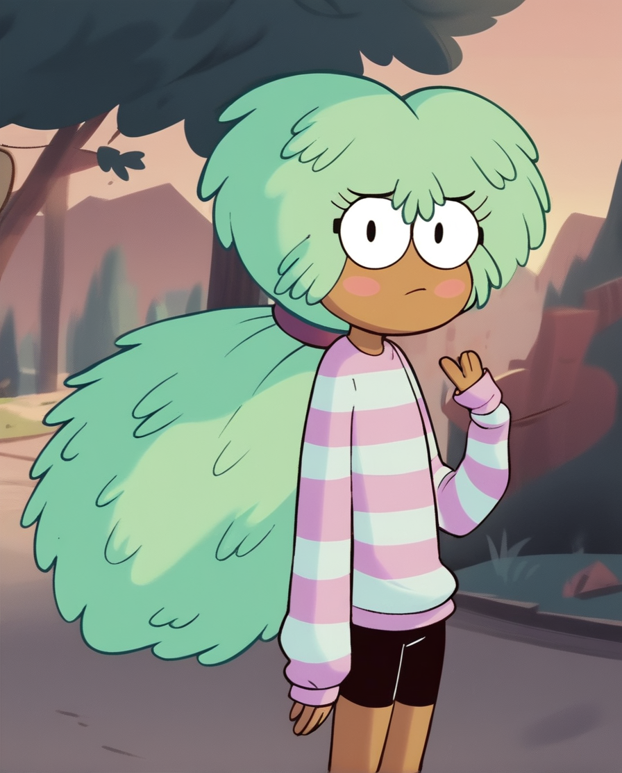 <lora:KellyStarVSPony:1.0> kelly, 1girl, glasses,green long hair, ponytail, blush stickers, striped,, long sleeves, bike shorts, score_9, score_8_up, score_7_up, score_6_up, score_5_up, score_4_up, looking at viewer, cowboy shot,outdoors,