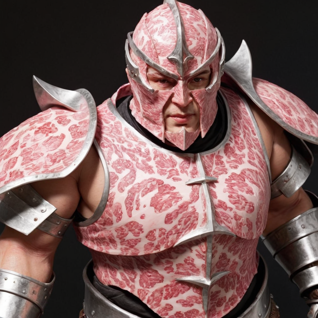 Imagine a unique armor, meticulously crafted not from metal or leather, but from layers of meat. This armor should have the texture and appearance of fresh, marbled meat, with intricate patterns of fat woven throughout. The meat's natural red and pink hues should dominate, with glistening fat adding a touch of shine. The armor should be designed to fit the human body perfectly, with sections for the chest, arms, and legs, all molded from meat. The overall look should be both formidable and organic, with the meat's texture providing a tactile, almost living quality to the armor. The armor should be presented in a setting that emphasizes its uniqueness, perhaps with a backdrop of a medieval battlefield or a blacksmith's forge,<lora:jpbeef:0.55>